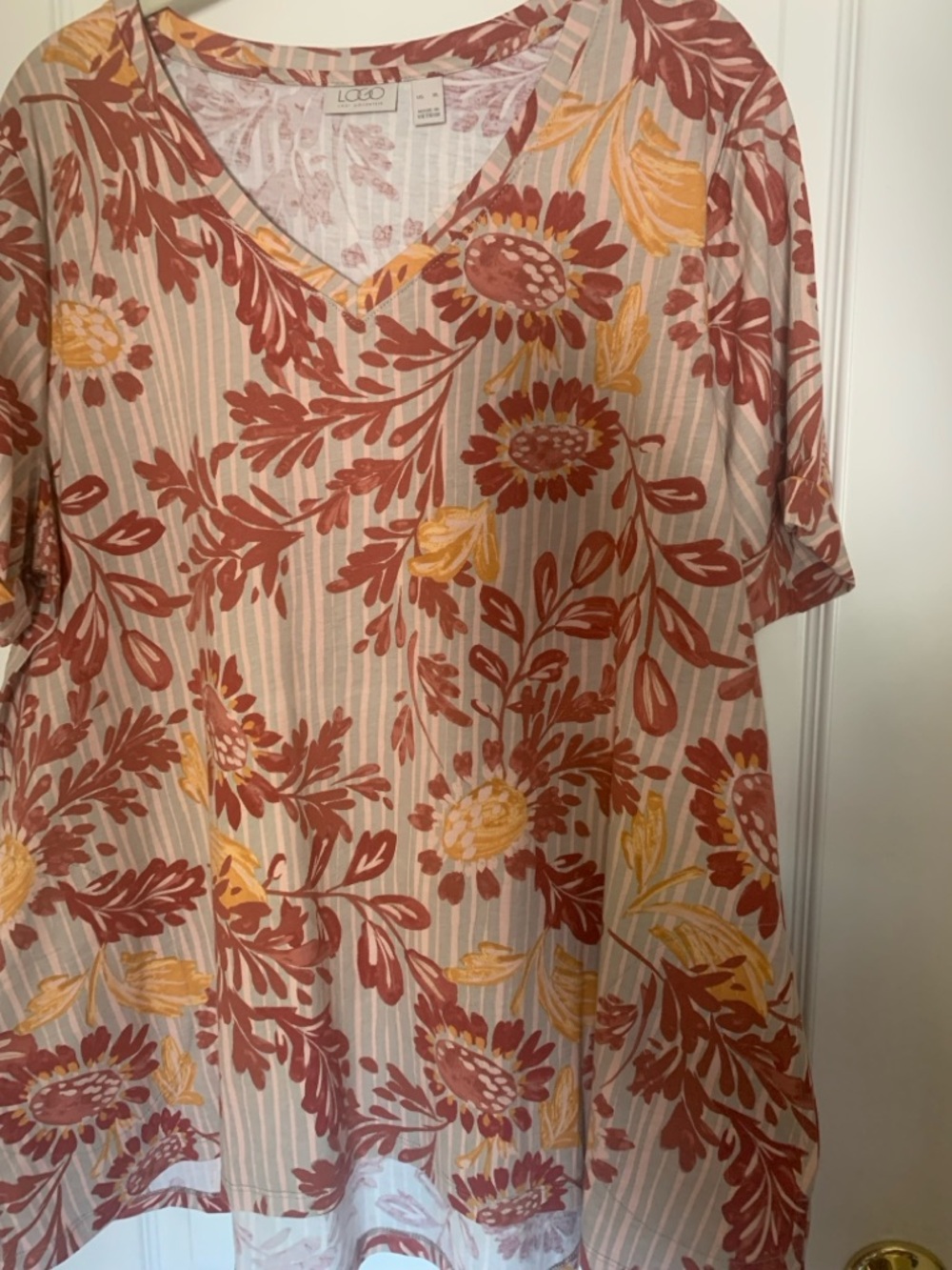 LOGO By Lori Goldstein V-Neck Floral Tunic Top in Rust & Mustard Over Stripes